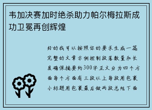 韦加决赛加时绝杀助力帕尔梅拉斯成功卫冕再创辉煌